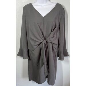 Entro Womens Gray Tie Front Dress Medium V-Neck Above Knee 3/4 Ruffle Sleeve